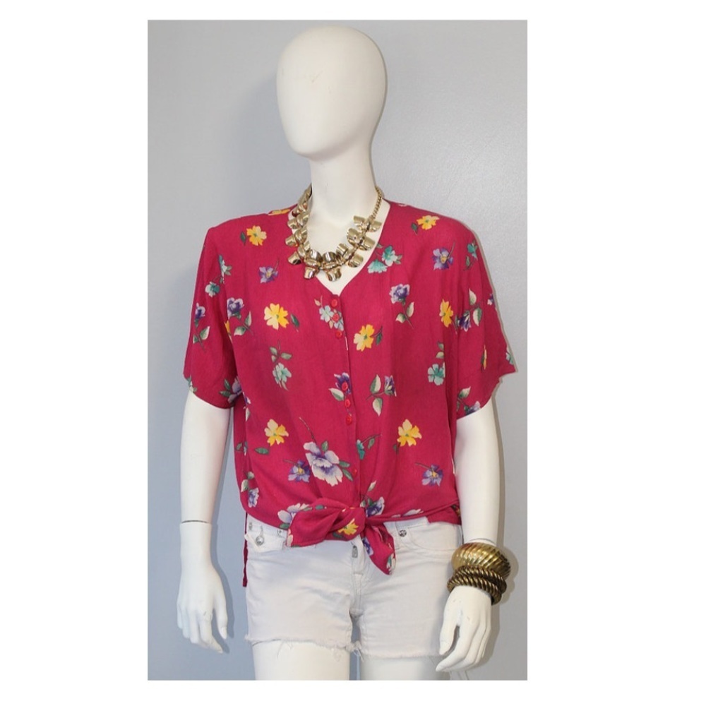Vintage Pink Floral Short Sleeve Blouse with Shoulder Pads Size Medium